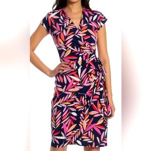 MAGGY LONDON Leaf Printed Leana Wrap Dress Navy/Fiesta Red Size 10
